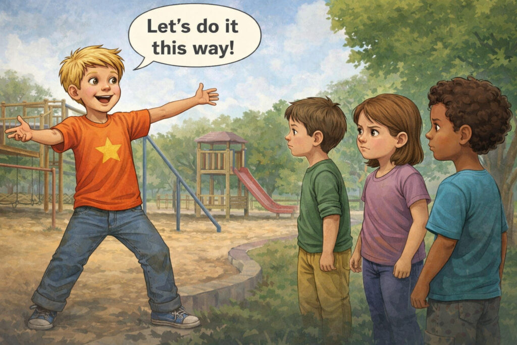 Child taking over play during group interaction while peers disengage, social skills coaching in Boxborough MA