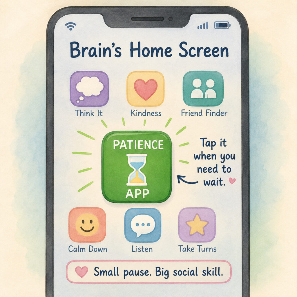 Soft storybook-style illustration of a smartphone brain home screen featuring a “Patience App” icon used to teach kids waiting, self-regulation, and interrupting skills.
