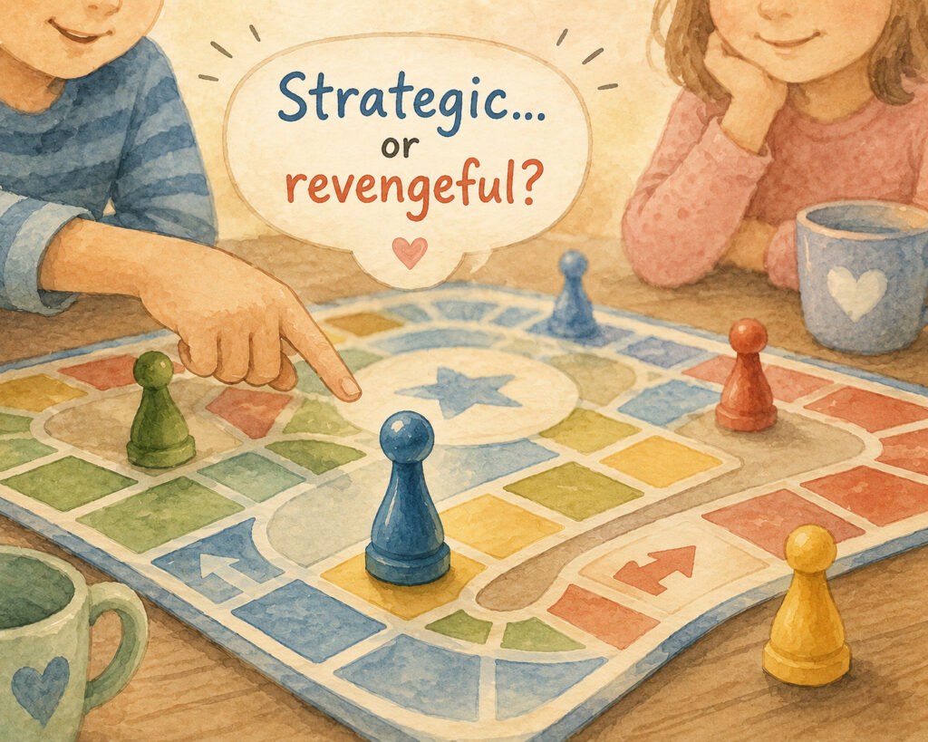 Soft watercolor illustration of children playing a colorful board game while discussing strategic versus revengeful choices during play.