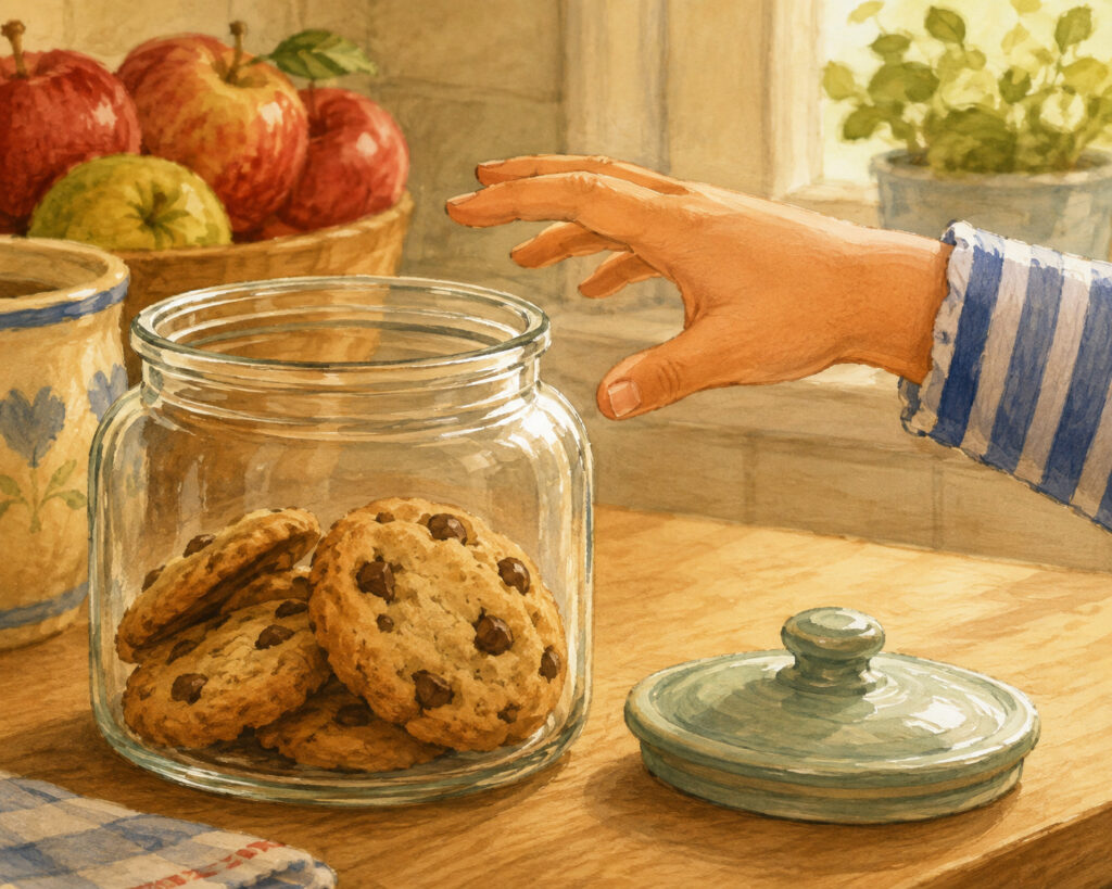 A hand pauses above an open cookie jar, illustrating the importance of waiting for an answer before taking action.