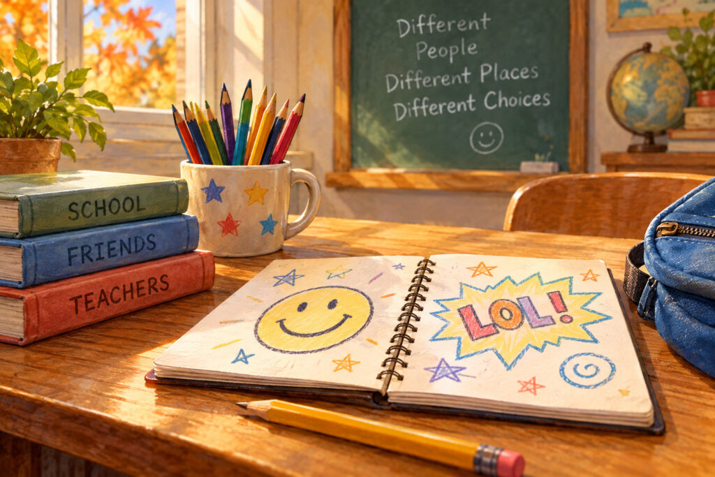 Whimsical storybook illustration of a classroom desk with a colorful sketchbook, pencils, and books labeled School, Friends, and Teachers, representing how humor depends on time, place, and audience.